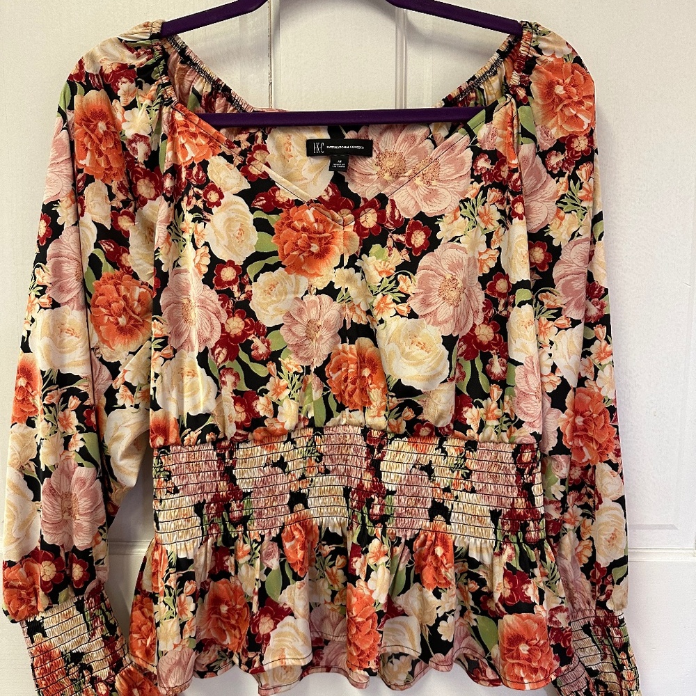 INC Emma Garden Floral Smocked Ruffle Long-Sleeve V-Neck Blouse-NWOT Sz M